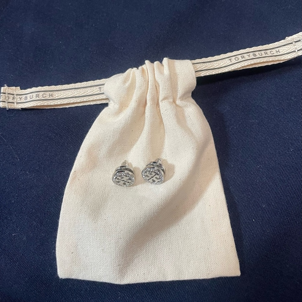 Tory Burch Silver Crystal Logo Stud Earrings
